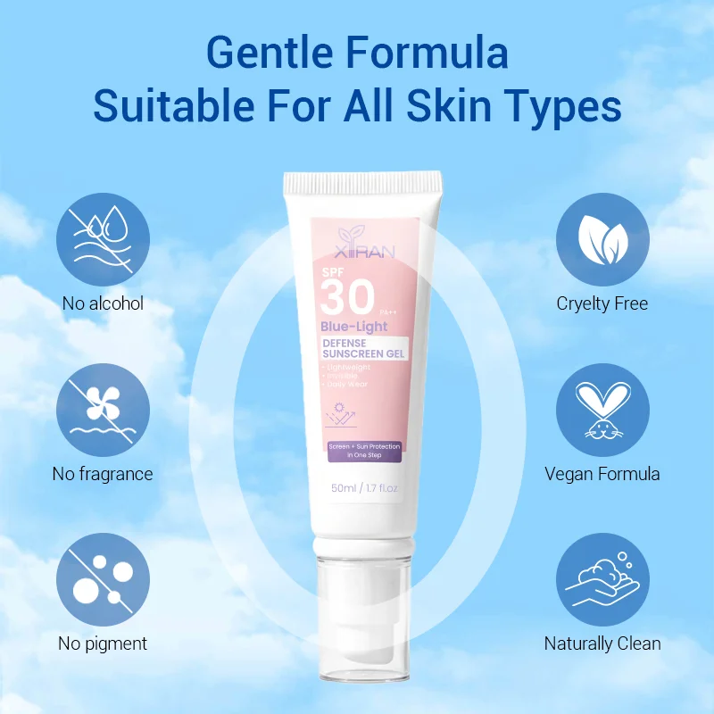 Tube of SPF 30 blue-light defense sunscreen gel surrounded by skincare benefits icons like cruelty-free, vegan, no fragrance, and no alcohol. Sky background.